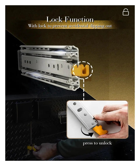 Heavy Duty Full Extension Drawer Slides With Lock For 120kg Load Capacity Smooth Ball Bearing Runners Ultra Quiet And Durable Ideal For Industrial Cabinets RVs And Modded Vehicles Requiring Heavy Duty Drawer Glide, lock detail