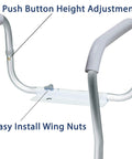 Adjustable And Detachable Toilet Safety Frame With Easy Grip Handles For Elderly And Disabled Use. Aluminum frame with padded grips.