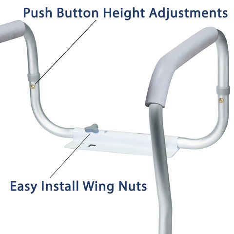 Adjustable And Detachable Toilet Safety Frame With Easy Grip Handles For Elderly And Disabled Use. Aluminum frame with padded grips.