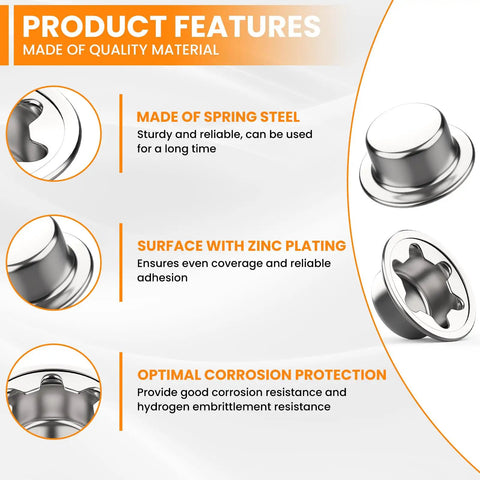 Heavy Duty Push On Pushnut Cap Stud Set Four Piece Five Eighths Inch Axle With Rugged Spring Steel Construction And Zinc Finish infographic
