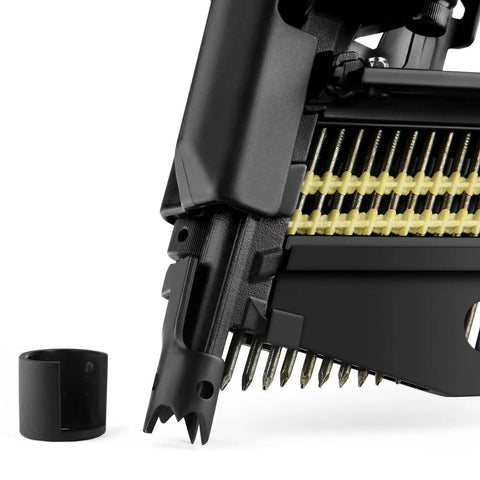 Close-up view of 21 Degree Full Round Head Framing Nailer with 2 inch to 3 and a half inch nails, featuring tool-free depth adjustment.