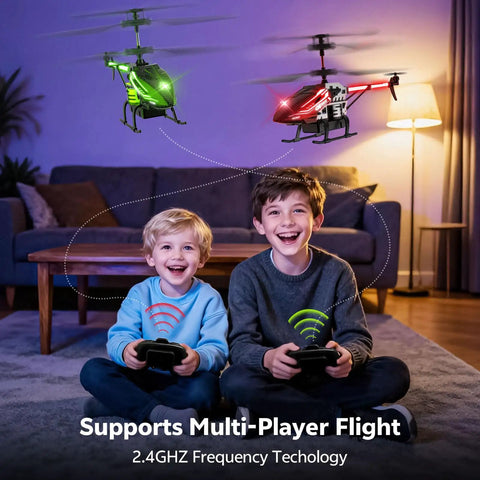 Kids RC Helicopter With Altitude Hold And One Button Takeoff Landing, 2.4GHz 3.5CH Indoor Flying Toy With LED Lights in playroom
