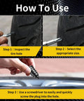 Steps to use 40 Piece Tire Repair Kit With Two Sizes Of Rubber Nails Includes Screw In Plugs Box And Driver DIY Fast Self Service Tire Patch Tool For Cars And SUVs No Tire Removal Needed Easy Quick Seal And Repair On The Go on a tire