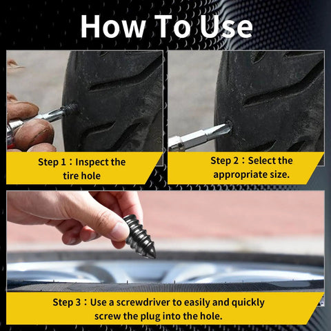Steps to use 40 Piece Tire Repair Kit With Two Sizes Of Rubber Nails Includes Screw In Plugs Box And Driver DIY Fast Self Service Tire Patch Tool For Cars And SUVs No Tire Removal Needed Easy Quick Seal And Repair On The Go on a tire