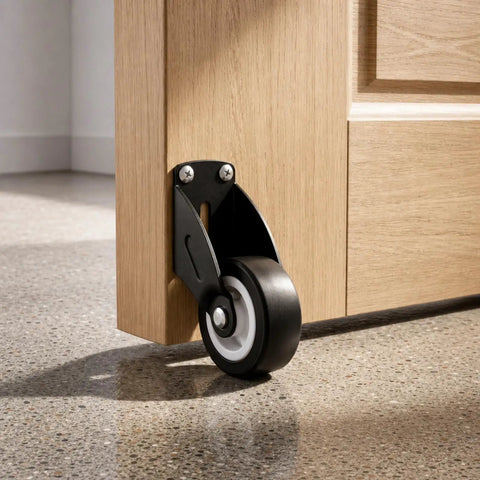 ElaraBerry 12 Pcs 2'' Anti-sag Gate Support Wheels, Black Caster Roller attached to wooden door corner.