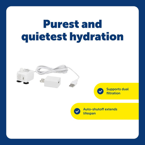 Viva Pet Fountain Replacement Pump Ultra Quiet Hydration Booster Backup Pump with cord and plug, LED indicator visible.