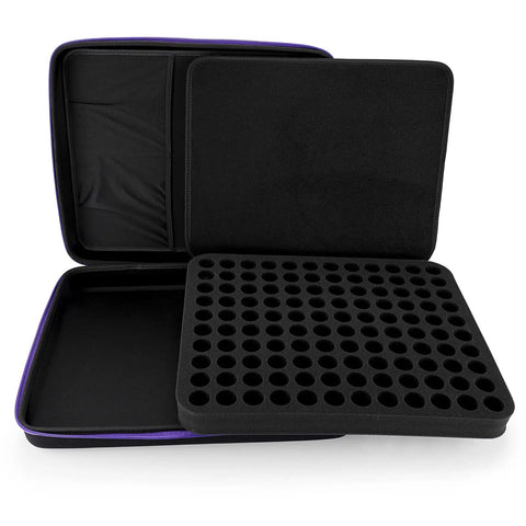 120 Bottle EVA Essential Oil Storage Case With Foam Insert Hard Shell Travel Organizer Bag open showing foam slots.