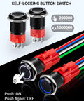 Two Pack 16mm Latching Push Button Switch 12V DC On Off Self Locking With Wire Socket Plug LED Angel Eye Head Blue LED Black Shell