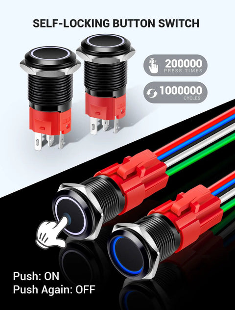 Two Pack 16mm Latching Push Button Switch 12V DC On Off Self Locking With Wire Socket Plug LED Angel Eye Head Blue LED Black Shell