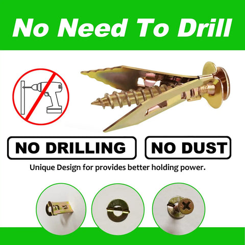 Self Drilling Drywall Anchors Kit With Zinc Screws, 200 Piece Set showing no drill needed and anchor details for strong mounts.