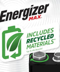 9V Alkaline Batteries, 2 Pack, Long Lasting Power For Smoke Detectors, Meters, Toys, And Everyday Electronics, Reliable 9 Volt Battery Pack For Home Use, showing Energizer Max branding and label indicating recycled materials included.