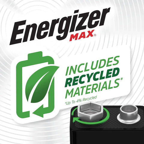 9V Alkaline Batteries, 2 Pack, Long Lasting Power For Smoke Detectors, Meters, Toys, And Everyday Electronics, Reliable 9 Volt Battery Pack For Home Use, showing Energizer Max branding and label indicating recycled materials included.
