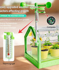 Kids Plant Growing Kit With Indoor Greenhouse And Hydroponic System, Thermometer, Wind Vane And Tools, Educational STEM Garden Set For Hands On Learning And Fun showing thermometer and mini greenhouse with plants.