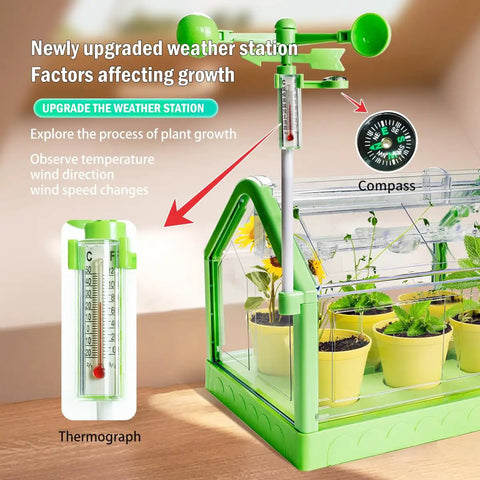 Kids Plant Growing Kit With Indoor Greenhouse And Hydroponic System, Thermometer, Wind Vane And Tools, Educational STEM Garden Set For Hands On Learning And Fun showing thermometer and mini greenhouse with plants.
