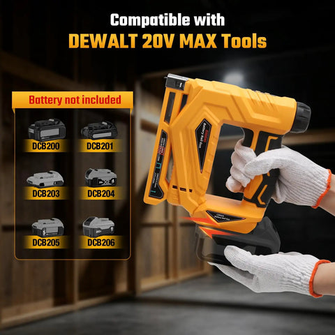 Tough As Nails Two In One Cordless Nailer And Brad Nailer Combo with DeWalt battery compatibility shown in use.