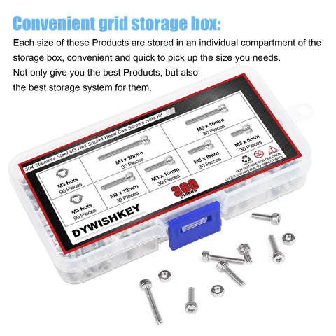 Hex Socket Head Cap Bolts And Nuts Kit Stainless Steel 304 M3 Set in storage box with 360 pieces for DIY hardware projects