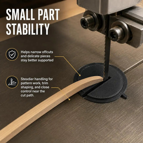 Zero Clearance Insert For Powermatic Table Tearout Control Plate Disc 2.25 Inch Diameter One Quarter Inch Thick with wood piece
