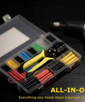 670 Piece Heat Shrink Tubing Kit With Wire Stripper Cutter, organized in case beside a power drill, 2 to 1 shrink ratio