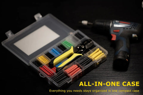 670 Piece Heat Shrink Tubing Kit With Wire Stripper Cutter, organized in case beside a power drill, 2 to 1 shrink ratio