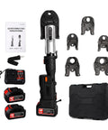 Heavy Duty 18V Electric Pipe Crimper With 60KN Force High Carbon Steel Hydraulic Press Tool, includes two batteries and manual.
