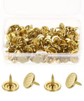 Gold Flat Head Upholstery Thumb Tacks 100 Count Top Shelf Decorative Push Nails in clear storage box, showing details of tacks.