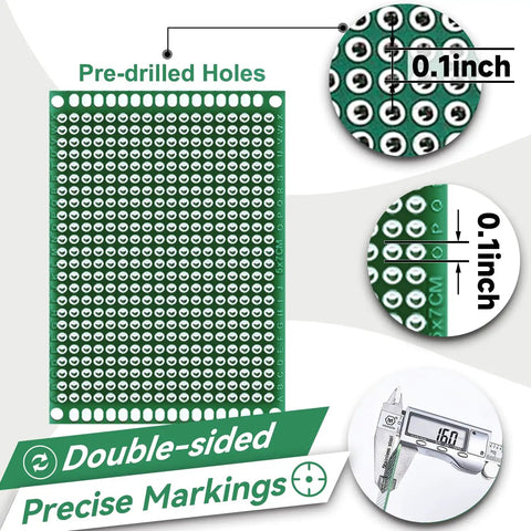 104 Piece Double Sided PCB Board Kit For DIY Soldering And Electronics Projects with 0.1 inch pre-drilled holes and markings.