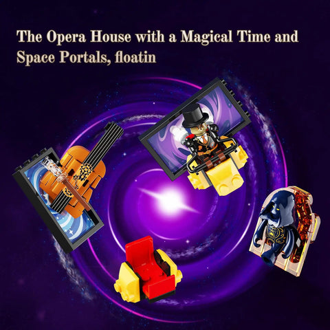 Steampunk Time Opera House Lighting Building Set with 2810 Pieces, floating components including violin and figures