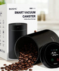 Top Shelf Automatic Vacuum Coffee Canister With Stainless Steel Build Digital Display One Touch Freshness Seal Keeps Your Beans Fire And Flavor Loaded Extra Long Standby Battery Life with coffee beans spilled.