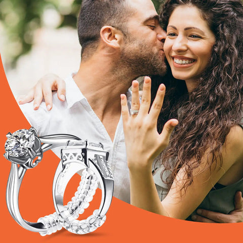 Couple with rings showing Ring Sizer Adjusters For Loose Rings 15 Pack Invisible Spacer Guards And Tighteners For Women And Men