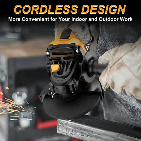 Worker using Cordless 4-1/2 Inch Brushless Angle Grinder For 20V Max Batteries Not Included, sparks flying from metal