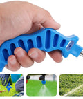 Hand holding 2-In-1 Drip Irrigation Hole Punch And Fitting Insertion Tool Kit For Quick 1/4 Inch Fittings, blue handle, close-up view.