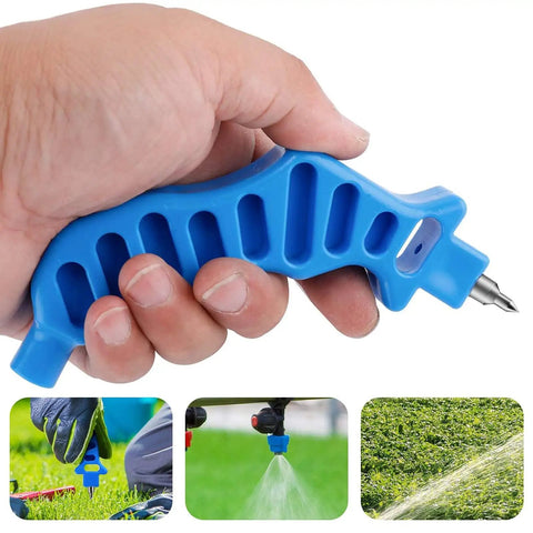 Hand holding 2-In-1 Drip Irrigation Hole Punch And Fitting Insertion Tool Kit For Quick 1/4 Inch Fittings, blue handle, close-up view.