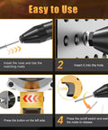 Instructions for using the Brushless Cordless Rivet Gun Compatible With Dewalt 20V Max Battery Tool Only, showcasing installation steps.