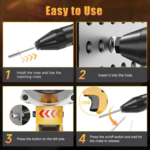 Instructions for using the Brushless Cordless Rivet Gun Compatible With Dewalt 20V Max Battery Tool Only, showcasing installation steps.