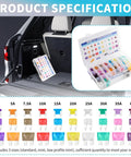 Heavy Duty Auto Fuse Assortment Kit With Slick Tester And Tough Puller, Complete Car Fuse Pack displaying various amp ratings in a tackle box.