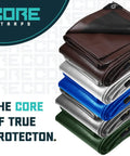 Stack of heavy duty 16 mil tarp covers in brown and black, various colors, for roof, patio, pool or boat use, waterproof and UV resistant.