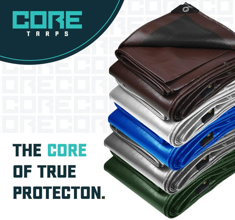 Stack of heavy duty 16 mil tarp covers in brown and black, various colors, for roof, patio, pool or boat use, waterproof and UV resistant.