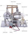 Top-Tier Stirling Engine Generator Model Set 3 Twin-Cylinder Brass And Aluminum Alloy Desktop Physics Demo Kit showing detailed parts like flywheel and generator.