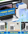 4 In 1 Portable Air Conditioner Fan With Touch Screen Evaporative Cooler with power options displayed, on desk setup.