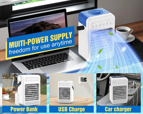 4 In 1 Portable Air Conditioner Fan With Touch Screen Evaporative Cooler with power options displayed, on desk setup.