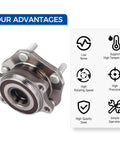 Front Wheel Bearing Hub Assembly 513357 Direct Fit For 2017 2018 Nissan Qashqai, 2014 2023 Nissan Rogue, 2017 2022 Nissan Rogue Sport Replacement Wheel Hub With Plug And Play Easy Install And Smooth Quiet Operation showcasing features like low noise and high precision.
