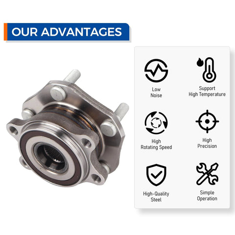 Front Wheel Bearing Hub Assembly 513357 Direct Fit For 2017 2018 Nissan Qashqai, 2014 2023 Nissan Rogue, 2017 2022 Nissan Rogue Sport Replacement Wheel Hub With Plug And Play Easy Install And Smooth Quiet Operation showcasing features like low noise and high precision.