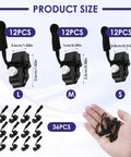 Universal Zipper Repair Kit With 36 Replacement Sliders In Three Sizes Black For Backpacks Jackets Coats Tents Luggage And Bags Easy Install For Quick Fix Grab And Go displayed with size details and hand holding sliders.
