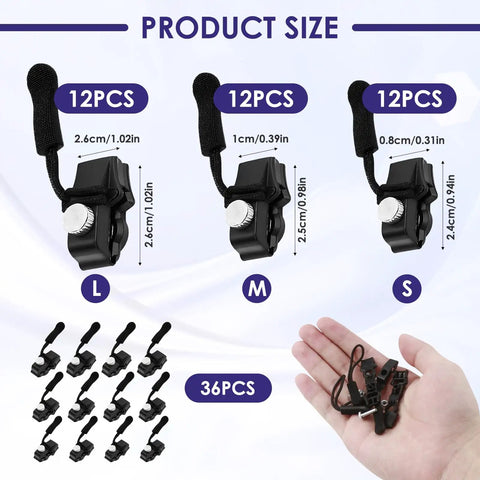 Universal Zipper Repair Kit With 36 Replacement Sliders In Three Sizes Black For Backpacks Jackets Coats Tents Luggage And Bags Easy Install For Quick Fix Grab And Go displayed with size details and hand holding sliders.
