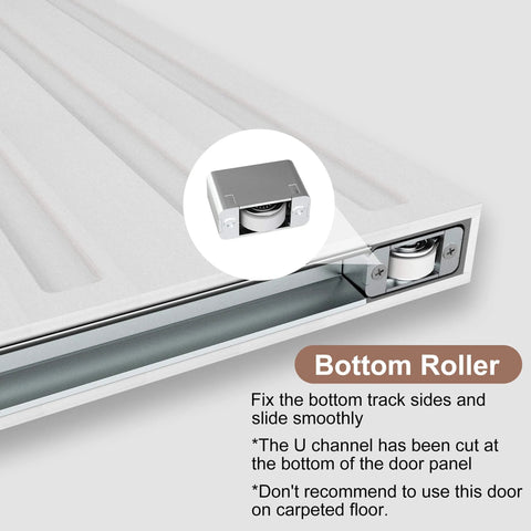 Bottom roller of Concealed Sliding Barn Door Kit 36 By 86 Inches With Soft Close Hardware White Hidden Door For 28 To 32 Inch Openings Waterproof Modern Look Slick Glide Interior Door For Home Office Or Studio