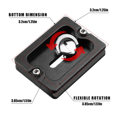Two Pack Aluminum Quick Release Plates With One Quarter Twenty Camera Screws For DSLR Tripod Mounts, showing flexible rotation design