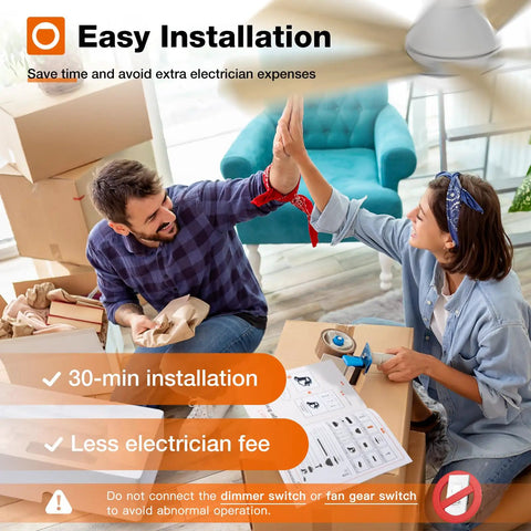 Couple smiling while installing Top Shelf 42 Inch White Low Profile Ceiling Fan With Bright Led Light And Ridiculously Quiet Remote.