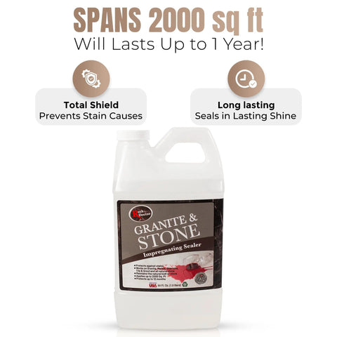 64 Oz Impregnating Stone Sealer All In One With Stain Guard For Granite Marble Quartzite Tile And Grout Protects Against Oil Water Wine Grease Without Altering Natural Look Indoor And Outdoor Use Coverage Up To 2000 Sq Ft displayed on a white background
