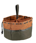 Canvas Organizer Parachute Bag with 19 pockets for nails screws and bolts brown heavy duty tool pouch for 5 gallon buckets top view.