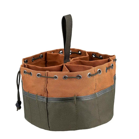 Canvas Organizer Parachute Bag with 19 pockets for nails screws and bolts brown heavy duty tool pouch for 5 gallon buckets top view.